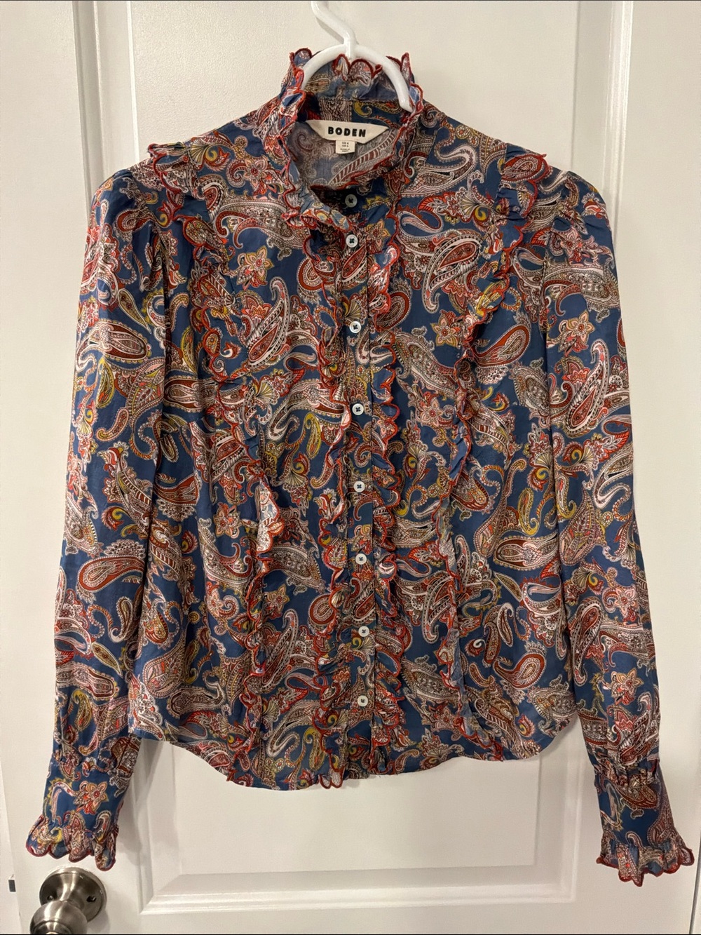Boden Paisley Ruffle-Front Button Down Blouse